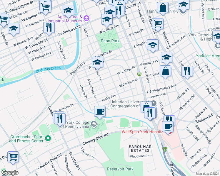 map of restaurants, bars, coffee shops, grocery stores, and more near 223 West Jackson Street in York