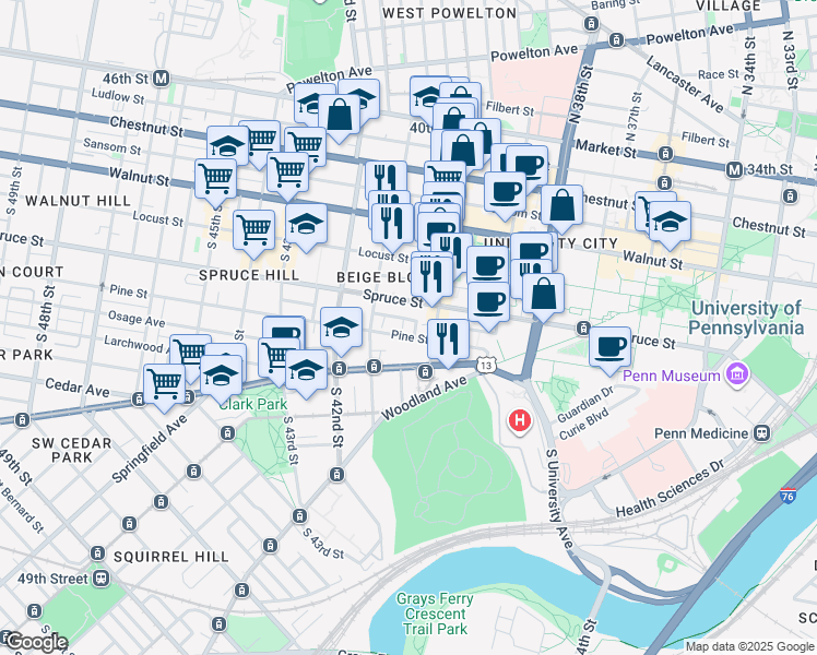 map of restaurants, bars, coffee shops, grocery stores, and more near 4015 Pine Street in Philadelphia