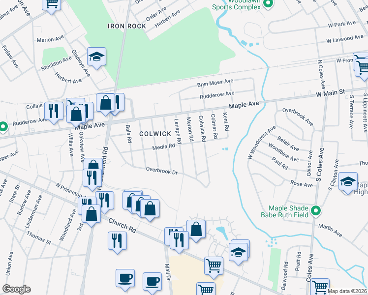 map of restaurants, bars, coffee shops, grocery stores, and more near 101 Lenape Road in Cherry Hill