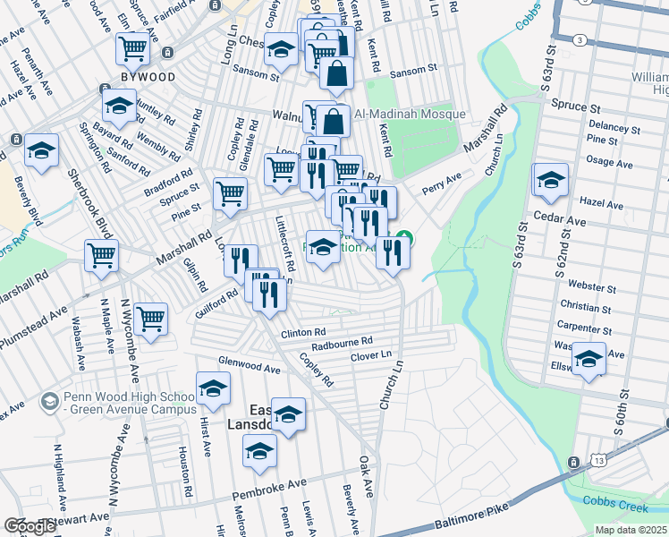 map of restaurants, bars, coffee shops, grocery stores, and more near 565 Timberlake Road in Delaware County