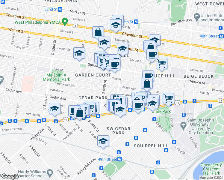 map of restaurants, bars, coffee shops, grocery stores, and more near 4725 Larchwood Avenue in Philadelphia
