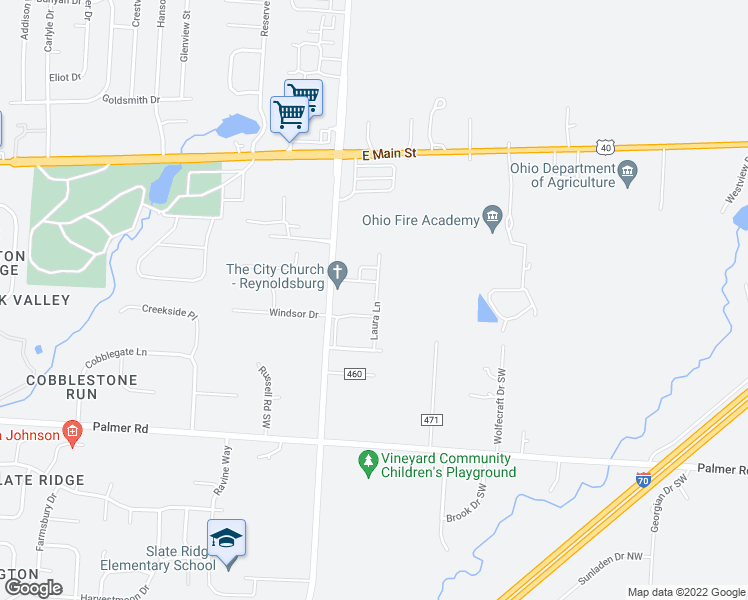 map of restaurants, bars, coffee shops, grocery stores, and more near 1767 Laura Lane in Reynoldsburg