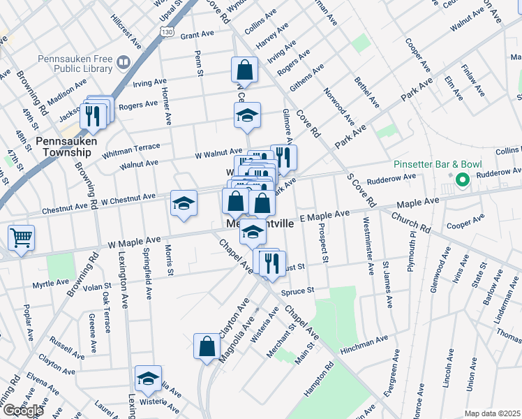 map of restaurants, bars, coffee shops, grocery stores, and more near in Merchantville