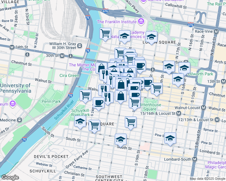 map of restaurants, bars, coffee shops, grocery stores, and more near 2135 Walnut Street in Philadelphia