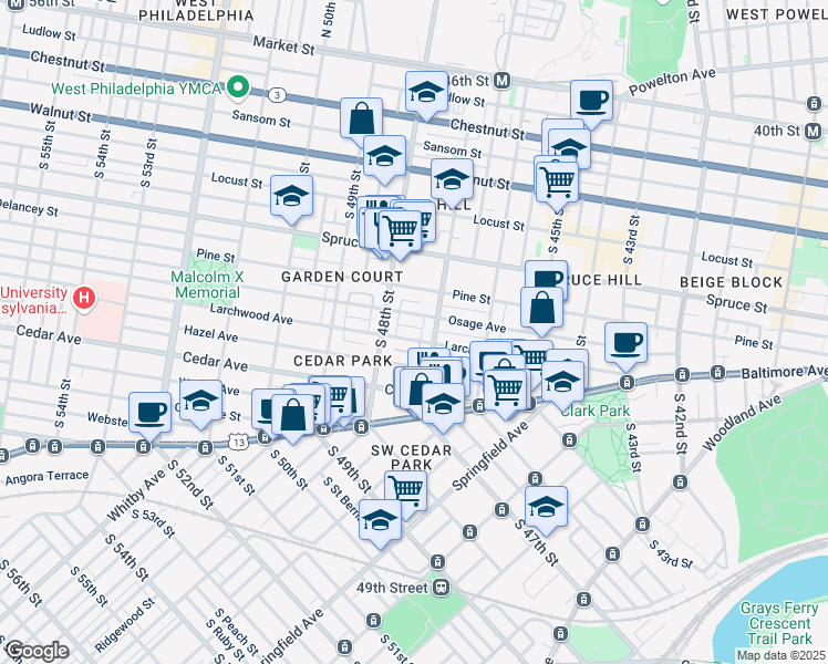 map of restaurants, bars, coffee shops, grocery stores, and more near 4723 Larchwood Avenue in Philadelphia