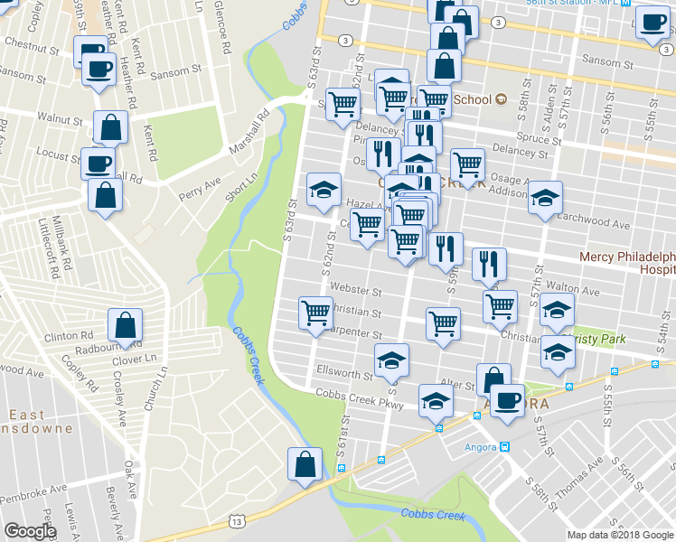 map of restaurants, bars, coffee shops, grocery stores, and more near 6146 Catharine Street in Philadelphia