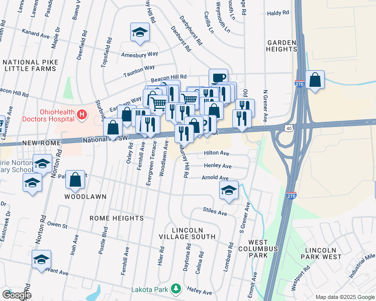 map of restaurants, bars, coffee shops, grocery stores, and more near 4786 Hilton Avenue in Columbus