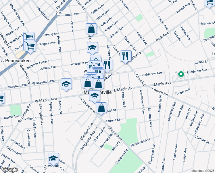 map of restaurants, bars, coffee shops, grocery stores, and more near 2 Crump Lane in Merchantville