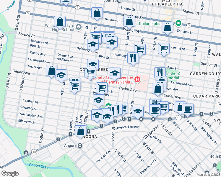 map of restaurants, bars, coffee shops, grocery stores, and more near 5532 Cedar Avenue in Philadelphia