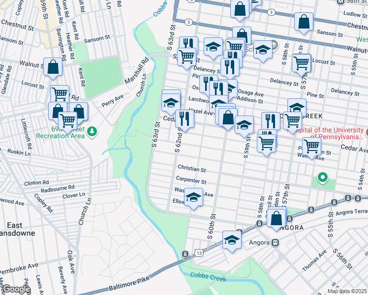 map of restaurants, bars, coffee shops, grocery stores, and more near 6146 Catharine Street in Philadelphia