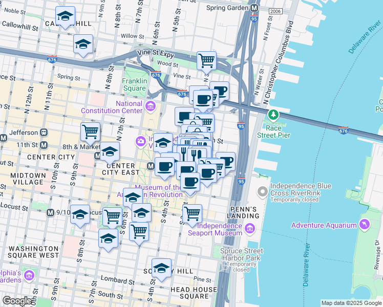 map of restaurants, bars, coffee shops, grocery stores, and more near 30 North 3rd Street in Philadelphia