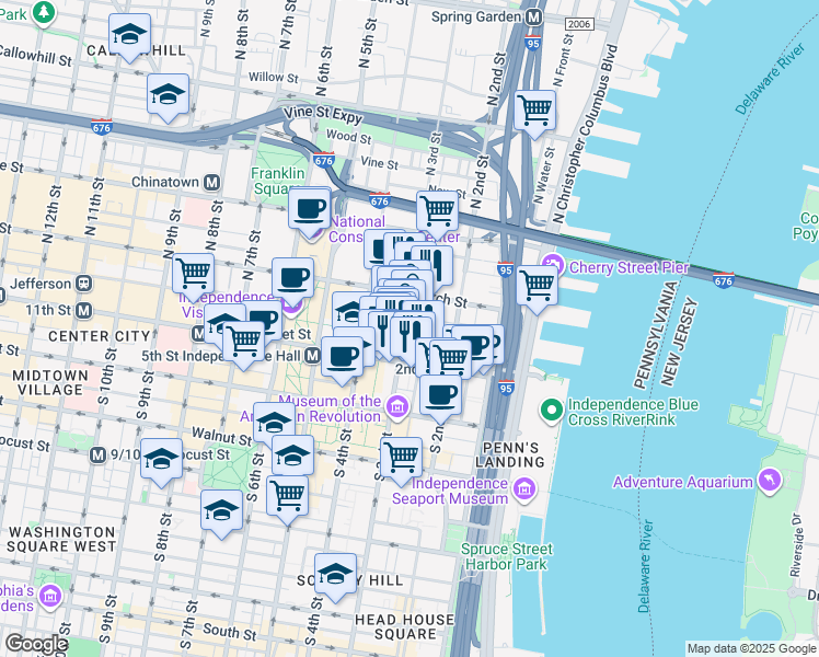map of restaurants, bars, coffee shops, grocery stores, and more near 30 North 3rd Street in Philadelphia