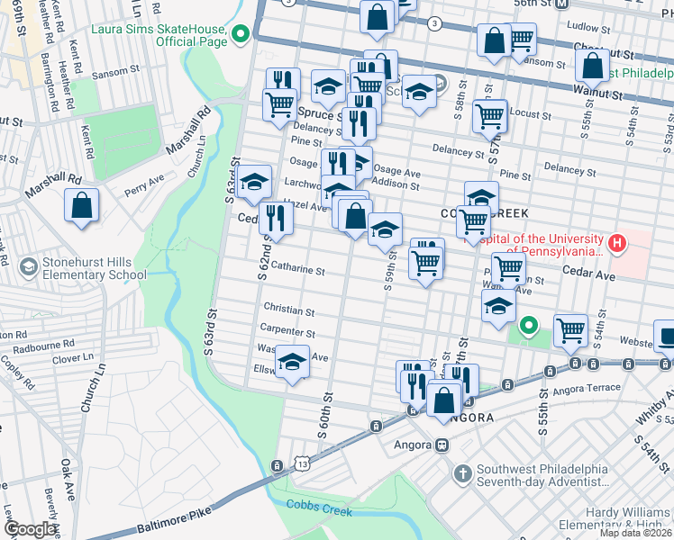 map of restaurants, bars, coffee shops, grocery stores, and more near 653 South 60th Street in Philadelphia