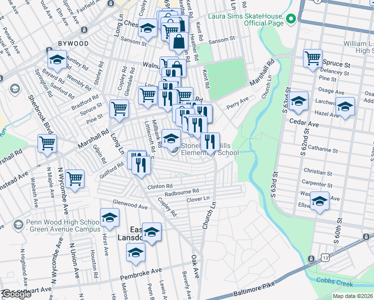 map of restaurants, bars, coffee shops, grocery stores, and more near 538 Wiltshire Road in Delaware County