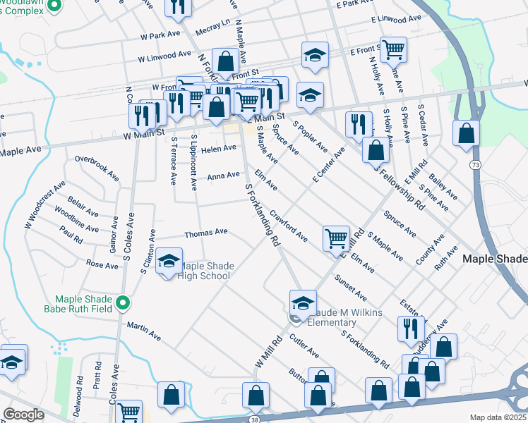 map of restaurants, bars, coffee shops, grocery stores, and more near 231 South Forklanding Road in Maple Shade