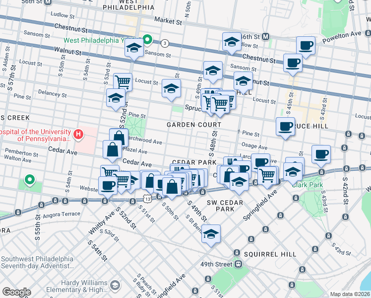 map of restaurants, bars, coffee shops, grocery stores, and more near 502 South 49th Street in Philadelphia