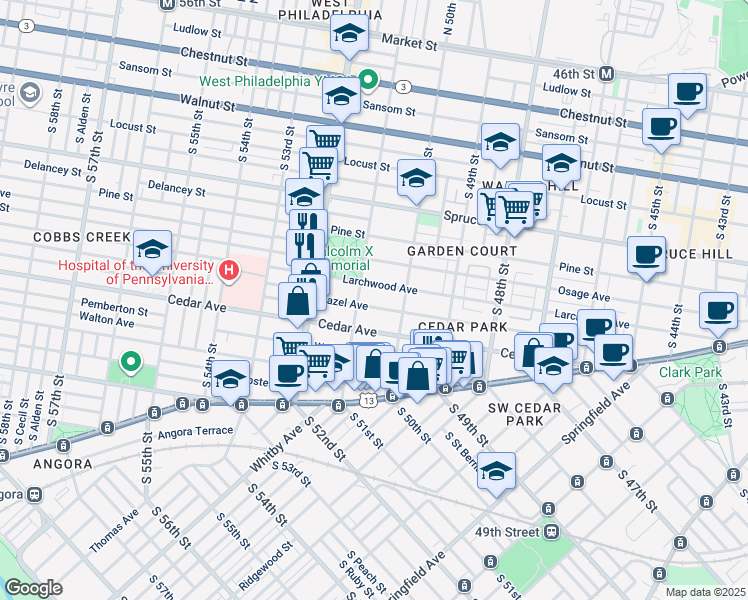 map of restaurants, bars, coffee shops, grocery stores, and more near 5033 Hazel Avenue in Philadelphia