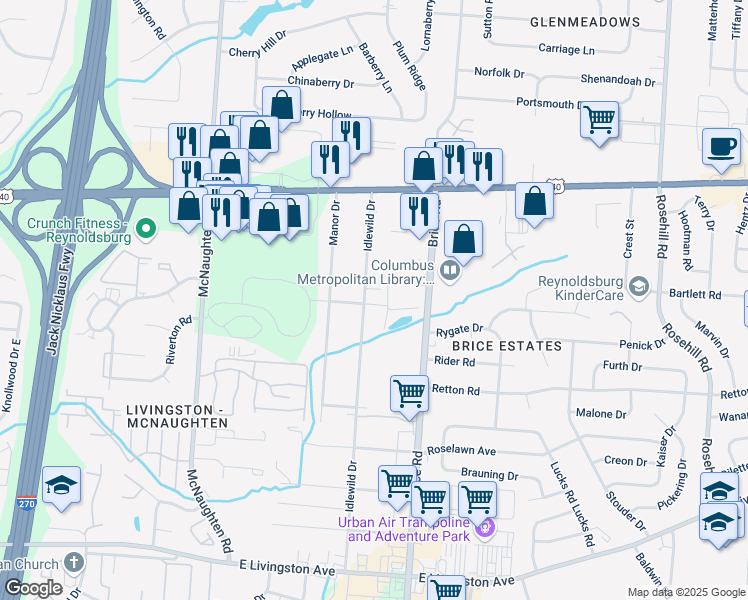 map of restaurants, bars, coffee shops, grocery stores, and more near 1276 Idlewild Drive in Columbus