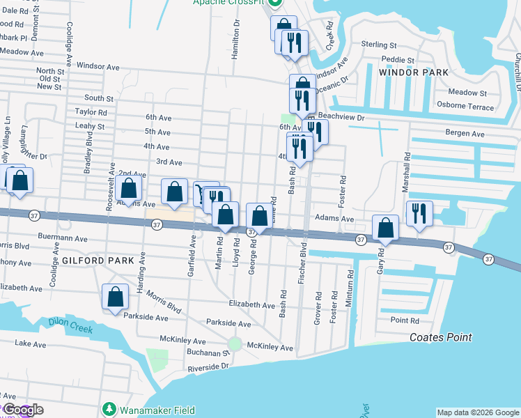 map of restaurants, bars, coffee shops, grocery stores, and more near 511 George Road in Toms River
