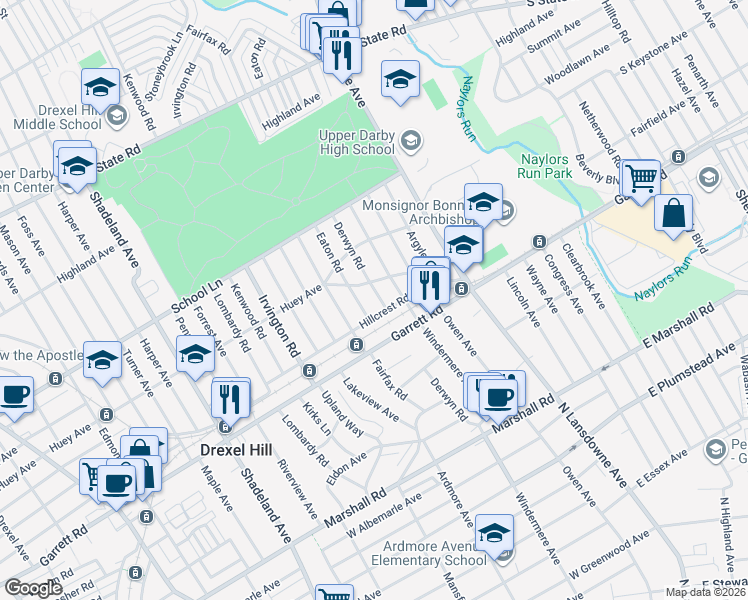 map of restaurants, bars, coffee shops, grocery stores, and more near 439 Eaton Road in Drexel Hill