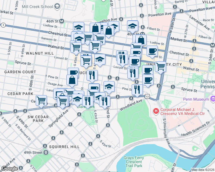 map of restaurants, bars, coffee shops, grocery stores, and more near Pine St & S 42nd St in Philadelphia