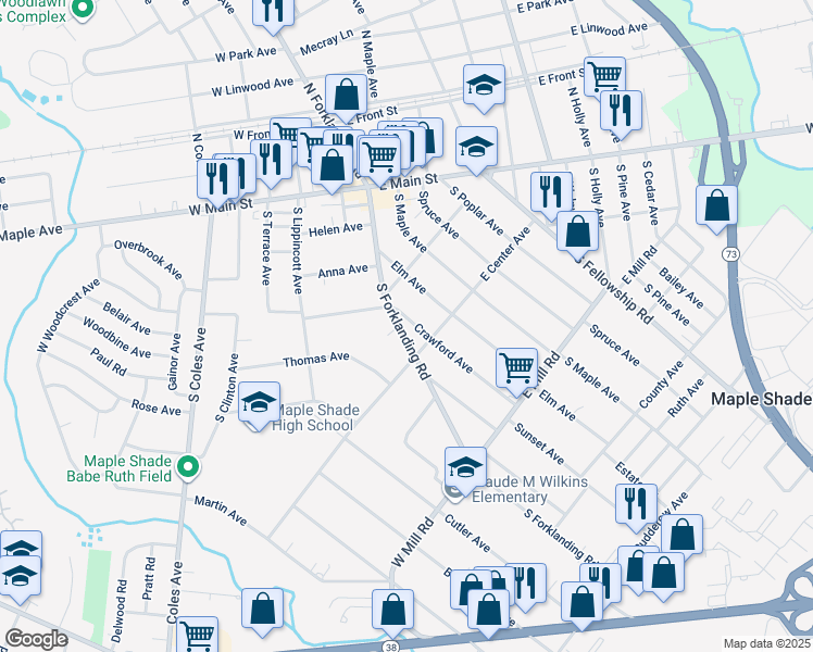 map of restaurants, bars, coffee shops, grocery stores, and more near 231 South Forklanding Road in Maple Shade