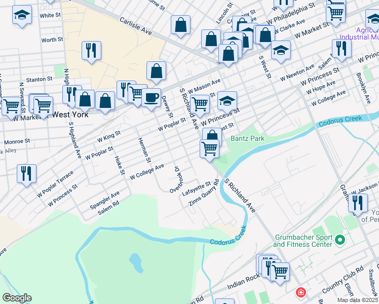 map of restaurants, bars, coffee shops, grocery stores, and more near 1037 West College Avenue in York