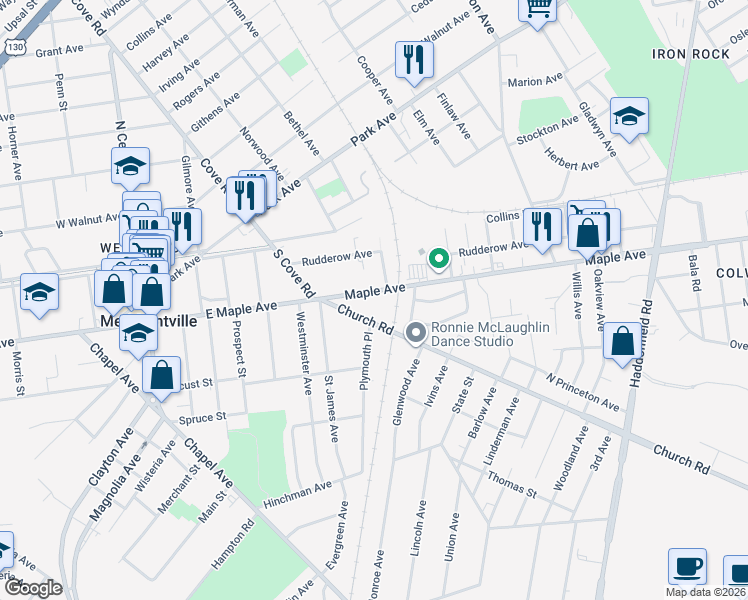 map of restaurants, bars, coffee shops, grocery stores, and more near 6714 Maple Avenue in Pennsauken Township