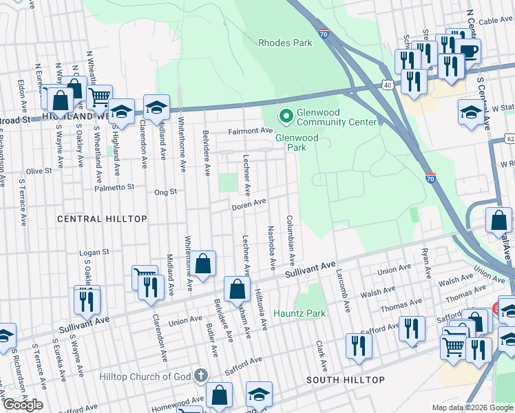 map of restaurants, bars, coffee shops, grocery stores, and more near 1951 Doren Avenue in Columbus