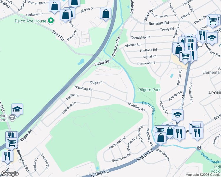 map of restaurants, bars, coffee shops, grocery stores, and more near 499 Ridge Lane in Springfield