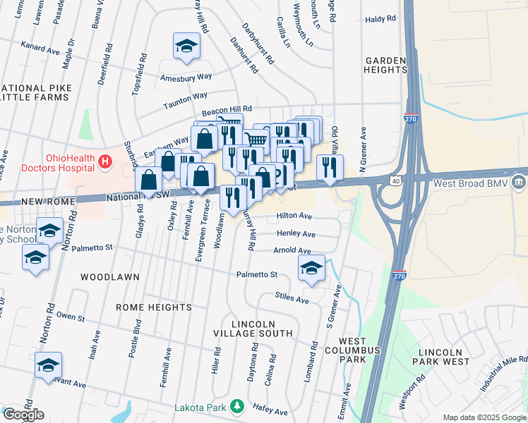 map of restaurants, bars, coffee shops, grocery stores, and more near 4764 Hilton Avenue in Columbus