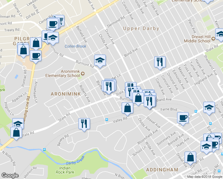 map of restaurants, bars, coffee shops, grocery stores, and more near 811 Burmont Road in Upper Darby