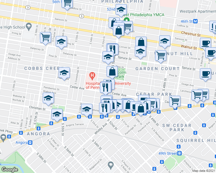 map of restaurants, bars, coffee shops, grocery stores, and more near 534 South 52nd Street in Philadelphia