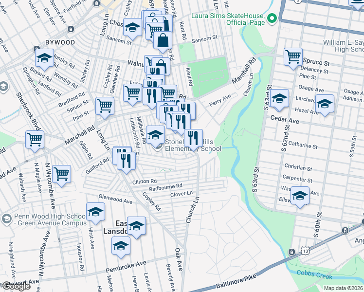 map of restaurants, bars, coffee shops, grocery stores, and more near 538 Wiltshire Road in Delaware County