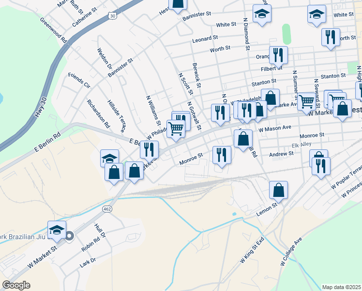 map of restaurants, bars, coffee shops, grocery stores, and more near 2310 West Market Street in York