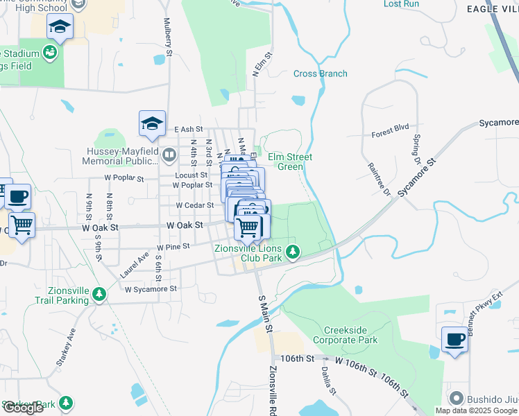 map of restaurants, bars, coffee shops, grocery stores, and more near 115 South Elm Street in Zionsville