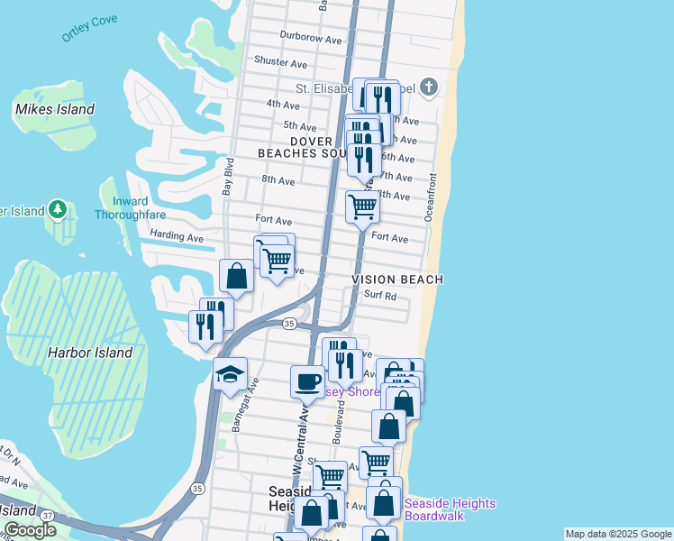 map of restaurants, bars, coffee shops, grocery stores, and more near 112 Eisenhower Avenue in Seaside Heights