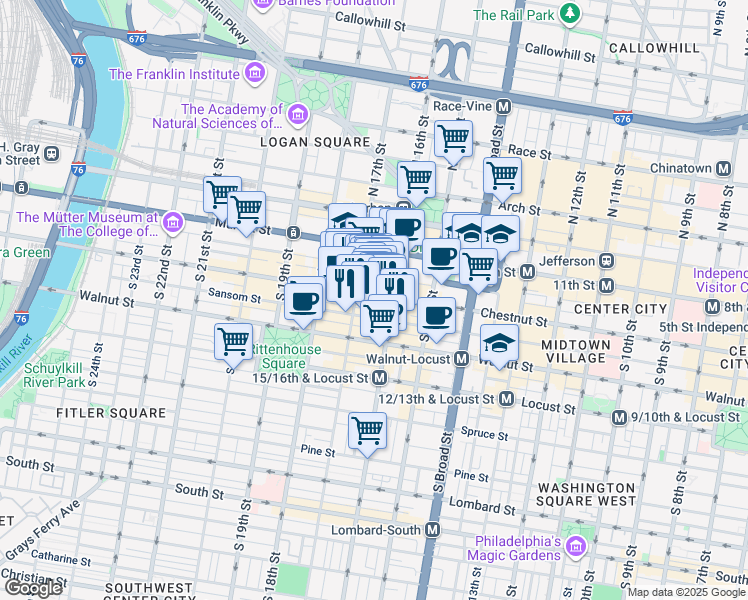 map of restaurants, bars, coffee shops, grocery stores, and more near 1616 Chestnut Street in Philadelphia
