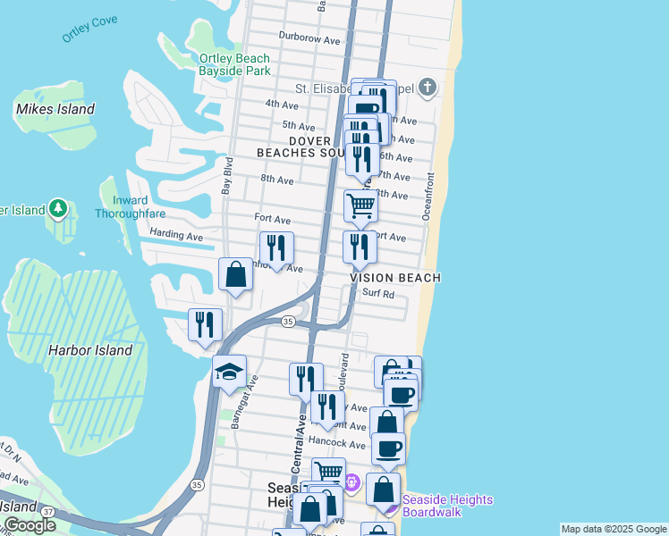 map of restaurants, bars, coffee shops, grocery stores, and more near 112 Eisenhower Avenue in Seaside Heights