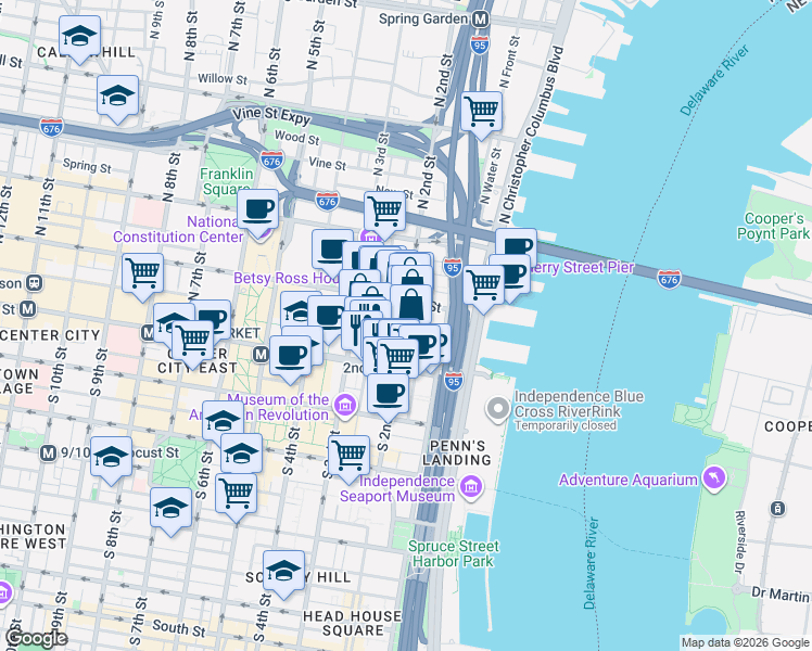 map of restaurants, bars, coffee shops, grocery stores, and more near 45 North 2nd Street in Philadelphia