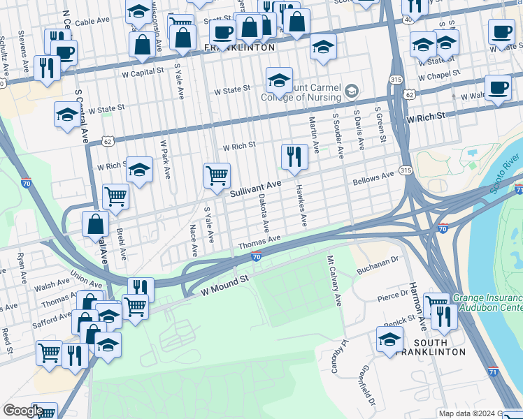 map of restaurants, bars, coffee shops, grocery stores, and more near 1035 Bellows Avenue in Columbus