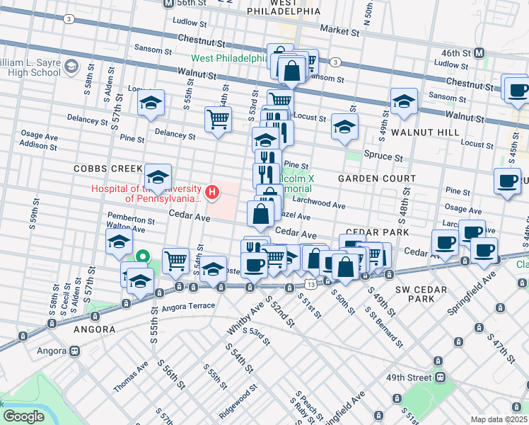 map of restaurants, bars, coffee shops, grocery stores, and more near 534 South 52nd Street in Philadelphia