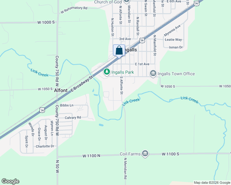 map of restaurants, bars, coffee shops, grocery stores, and more near 307 South Huston Street in Ingalls