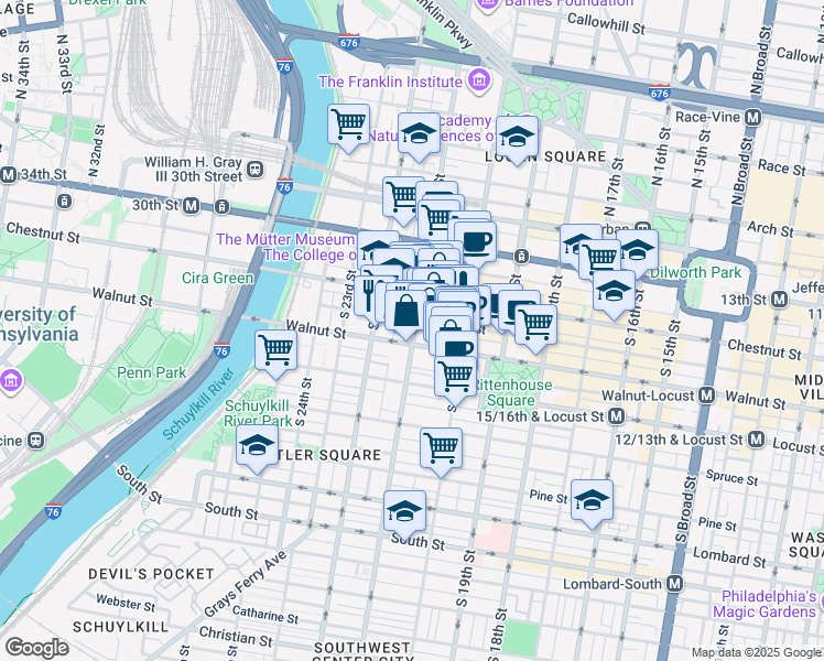 map of restaurants, bars, coffee shops, grocery stores, and more near 118 South 21st Street in Philadelphia