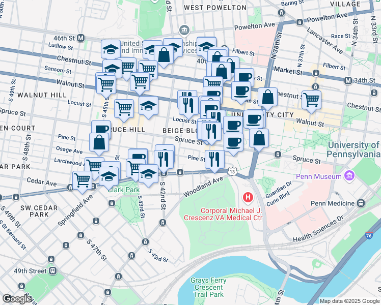 map of restaurants, bars, coffee shops, grocery stores, and more near 4037 Pine Street in Philadelphia