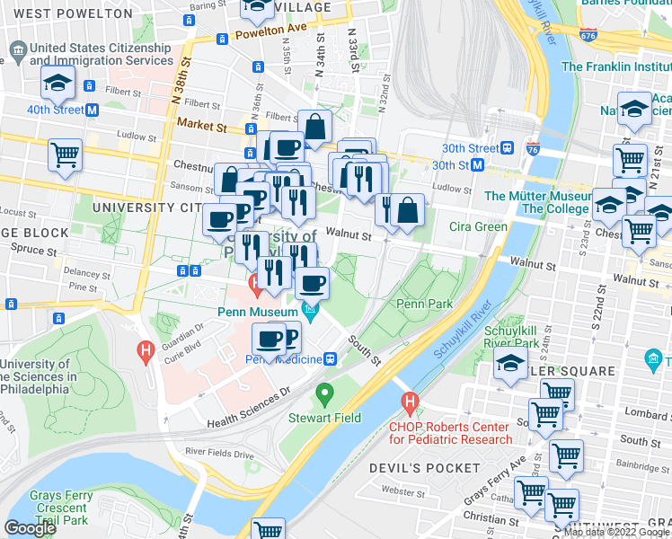 map of restaurants, bars, coffee shops, grocery stores, and more near Smith Walk in Philadelphia