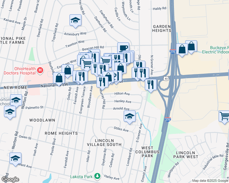 map of restaurants, bars, coffee shops, grocery stores, and more near 4738 Hilton Avenue in Columbus