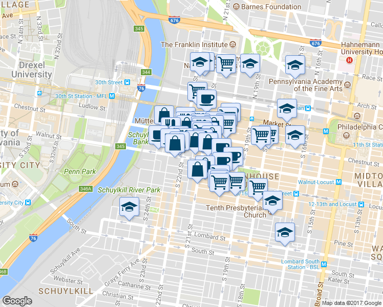 map of restaurants, bars, coffee shops, grocery stores, and more near 126 South Van Pelt Street in Philadelphia