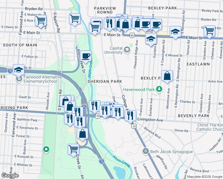 map of restaurants, bars, coffee shops, grocery stores, and more near 862 Sheridan Avenue in Columbus