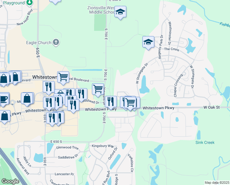 map of restaurants, bars, coffee shops, grocery stores, and more near 7104 Westhaven Circle in Zionsville